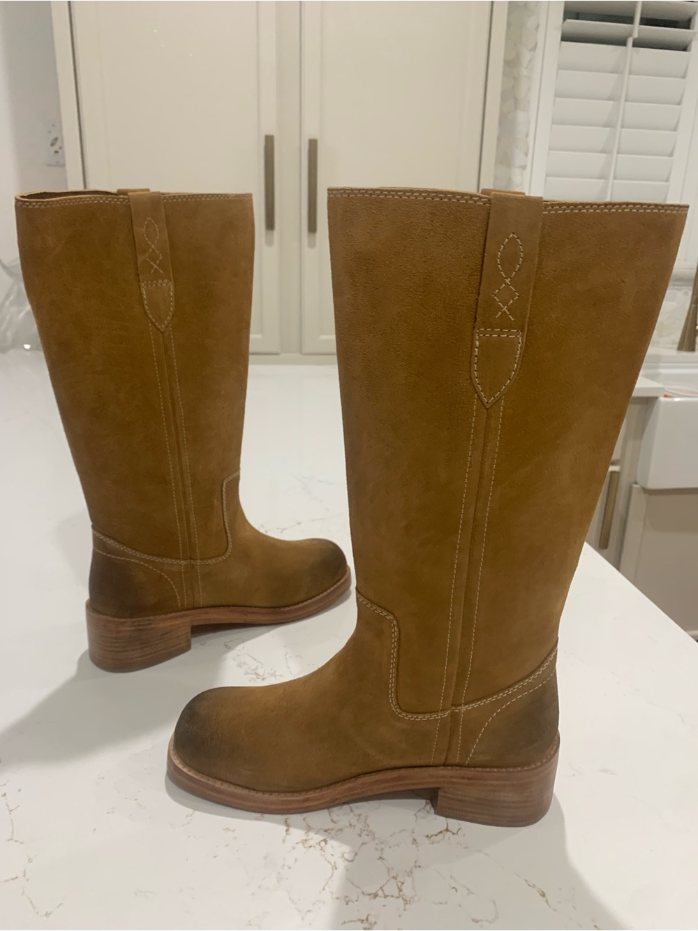 Free People Blaze Pull On Boots Tan Suede Western Block Heel Mid Calf Size 9.5